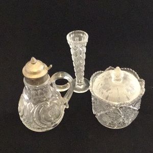 Vintage sugar bowl, syrup container and bud vase.
